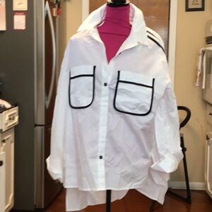 NWT Stylewe White Cotton Button down with Two Black Stripes on the arms.